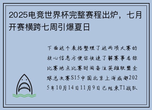 2025电竞世界杯完整赛程出炉，七月开赛横跨七周引爆夏日
